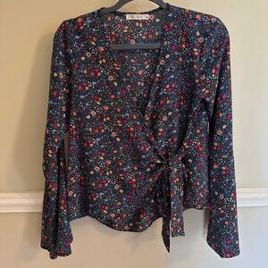 Nordstrom Chloe & Katie Black Floral Wrap Blouse with Bell Sleeves